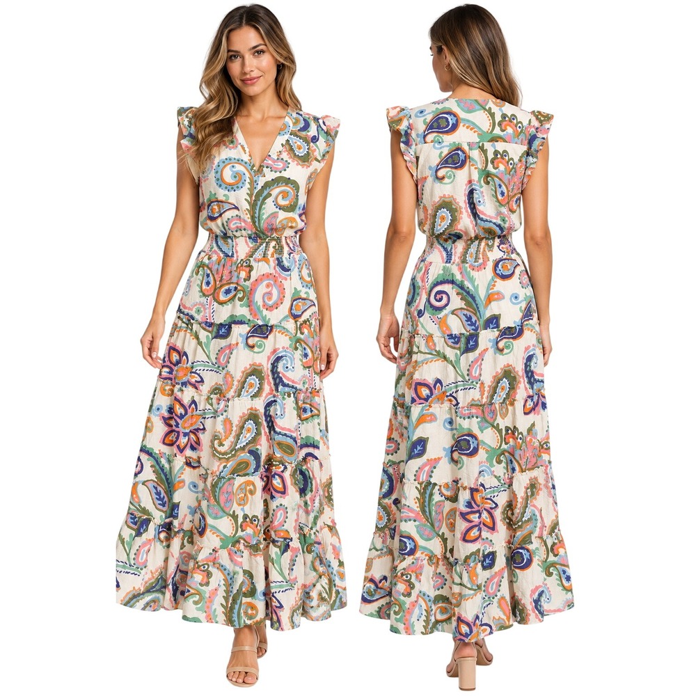 Cynthia Steffe Paisley V-Neck Tiered Maxi Dress Smocked Waist Multicolor Small